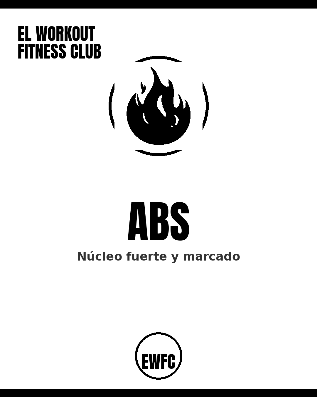 Abs program cover — black flame icon in a circle on white, El Workout Fitness Club